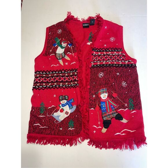 ERIKA Christmas Sweater Vest Womens Large Whimsy Snowman Red Applique A51 - Picture 1 of 9